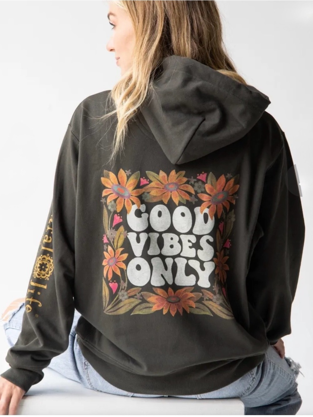 Natural Life Good Vibes Only Oversized Hoodie Dark Olive Green Floral Boho Small